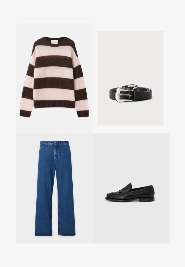 CLOSED STRIPE CREW NECK JUMPER - Svetrík - espresso brown; Modré široké džínsy s pútkami na opasok, zapínaním na gombíky a vysokým pásom, zobrazené na svetlom pozadí.; Čierne kožené loafery s tkaným detailom pozdĺž prednej časti, s okrúhlou špičkou a nízkym podpätkom. Hladká textúra a minimalistický dizajn.; Čierny kožený opasok s veľkou striebornou západnou prackou, stočený na neutrálnej pozadí.