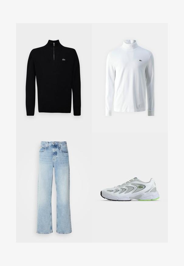Sort letvægts sweater med halv-zip krave, ribbede manchetter og kant, med et lille grønt logo på brystet.; Hvid langærmet turtleneck trøje lavet af blødt stof, med et lille grønt broderet logo på brystet og tætsiddende mancher.; Lysblå vide jeans med høj talje, der har en falmet finish, bæltestropper og klassisk fem-lomme design. Kantene er rå.; Hvid og grå atletiksneaker med grønne accenter og logo, meshpaneler og en tyk polstret sål, vist fra siden på en ensfarvet baggrund.