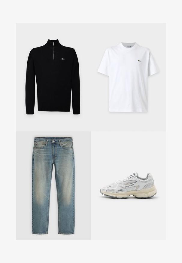 Sort letvægts sweater med halv-zip krave, ribbede manchetter og kant, med et lille grønt logo på brystet.; Simpel hvid t-shirt med korte ærmer, rund hals og lille grønt krokodillelogo på venstre bryst.; Blå falmede denimjeans med frontknap og lynlås, fem lommer og straight ben på en neutral baggrund.; Hvide sportssko med grå detaljer, overdel i mesh og syntetiske materialer, snørebåndsdesign og tekstureret gummisål med grebemønstre.