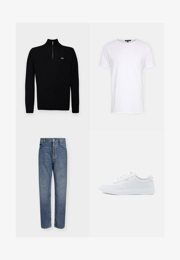Suéter ligero negro con cuello de media cremallera, con puños y dobladillo acanalados, que presenta un pequeño logo verde en el pecho.; Camiseta de algodón blanca con cuello redondo, mangas cortas y corte recto. Presenta una textura simple y suave sin patrones adicionales.; Vaqueros de mezclilla azul de corte recto con cintura alta, cierre frontal de botones y diseño de cinco bolsillos sobre un fondo claro y liso.; Zapatillas de cuero blanco con textura suave, puntera redondeada y costuras tonales. Cuentan con cordones azules y un logo dorado en el lateral.