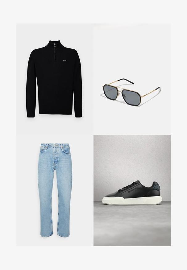 Suéter ligero negro con cuello de media cremallera, con puños y dobladillo acanalados, que presenta un pequeño logo verde en el pecho.; Jeans de mezclilla azul claro con corte recto, cintura alta, diseño de cinco bolsillos y detalles de costura visibles en las costuras y dobladillos.; Zapatilla deportiva de cuero negro con suela blanca, cordones negros y logotipo en relieve, mostrada flotando sobre un suelo gris con fondo de pared de bloques de vidrio.; Gafas de sol octogonales con lentes oscuros. Montura de metal dorado con acentos negros y patillas texturizadas. Diseño elegante y ligero.