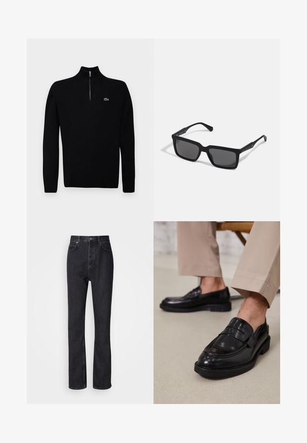 Sort letvægts sweater med halv-zip krave, ribbede manchetter og kant, med et lille grønt logo på brystet.; Høj talje sorte denim jeans med knap- og lynlåsåbning, for- og baglommer samt lige ben.; Sorte lædermokkasiner med en glat overflade, der har en dekorativ rem og kontraststing, parret med beige bukser.; Sorte solbriller med rektangulære linser, mat finish, tykke stel og slanke arme med en subtil brandingdetalje.