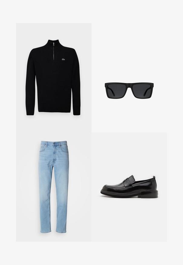 Suéter ligero negro con cuello de media cremallera, con puños y dobladillo acanalados, que presenta un pequeño logo verde en el pecho.; Jeans de mezclilla azul claro con un corte recto, cinco bolsillos y trabillas para cinturón. La tela presenta una textura suave con un ligero efecto de desvanecimiento.; Calvin Klein MOCCASIN - Mocasines elegantes - black; Gafas de sol rectangulares negras con montura gruesa y lentes tintados oscuros sobre un fondo blanco.