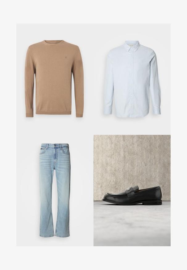 Beige strikket sweater med rund hals, lange ærmer og et lille logo på brystet. Har ribbede manchetter og kant for en tætsiddende pasform.; Lyseblå, knaplukket skjorte lavet af bomuld med lange ærmer, krave og et lille logo på brystet. Glat tekstur, almindelig pasform.; Lyseblå denimjeans med lige ben, der har fem lommer, knaplukning og en subtil falmning på stoffet.; Sort læderloafer med metalbrandskilt hvilende nær et brunt rundt bord på beige tæppe.
