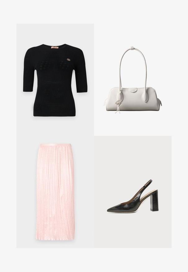 Top de punto acanalado negro con mangas cortas, que presenta patrones sutiles y un acento de logotipo dorado cerca del escote.; Falda midi plisada en rosa suave, con una textura suave y una cintura elástica. Diseñada con pliegues verticales que le dan un aspecto fluido.; Zapato slingback de piel negra con puntera puntiaguda, tacón alto y ancho, y forro interior beige sobre un fondo claro y liso.; Bolso de hombro blanco de Calvin Klein con asas largas, forma rectangular, cierre de cremallera y charm decorativo con el logo colgando cerca del asa.