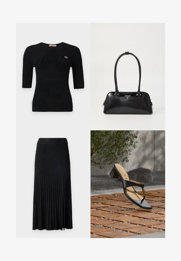 Top de punto acanalado negro con mangas cortas, que presenta patrones sutiles y un acento de logotipo dorado cerca del escote.; Falda midi plisada negra con cinturilla acanalada, con tejido texturizado, abertura lateral y líneas verticales en todo el diseño.; Sandalia negra de tacón con lazo para el dedo y acento dorado, colocada sobre una superficie pavimentada de madera y piedra al aire libre cerca de vegetación.; Bolso de mano negro brillante con una silueta curva, dos asas y una placa de logo en la parte frontal. Cierre de cremallera y acentos de hardware brillante.