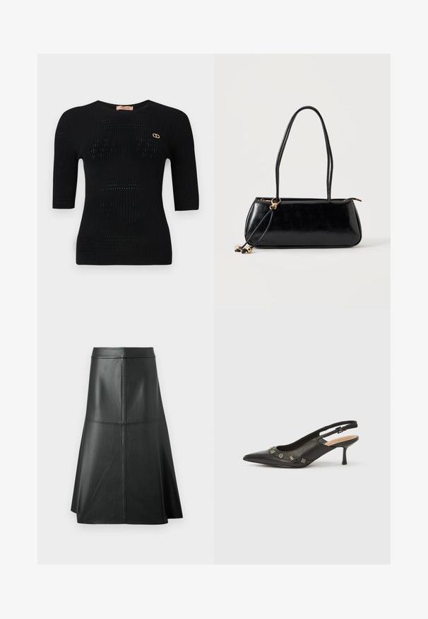 Top de punto acanalado negro con mangas cortas, que presenta patrones sutiles y un acento de logotipo dorado cerca del escote.; Falda de cuero negro en forma de A, con textura suave, longitud a mitad de la pantorrilla, presenta detalles de costura horizontal en la cintura y las costuras para mayor estructura.; Zapato de tacón con talón descubierto en piel negra, punta puntiaguda, tacón pequeño y detalles metálicos decorativos a lo largo de la abertura frontal. Textura lisa.; Bolso rectangular negro con dos tirantes largos, detalle de anilla dorada y cierre de cremallera sobre un fondo liso claro.
