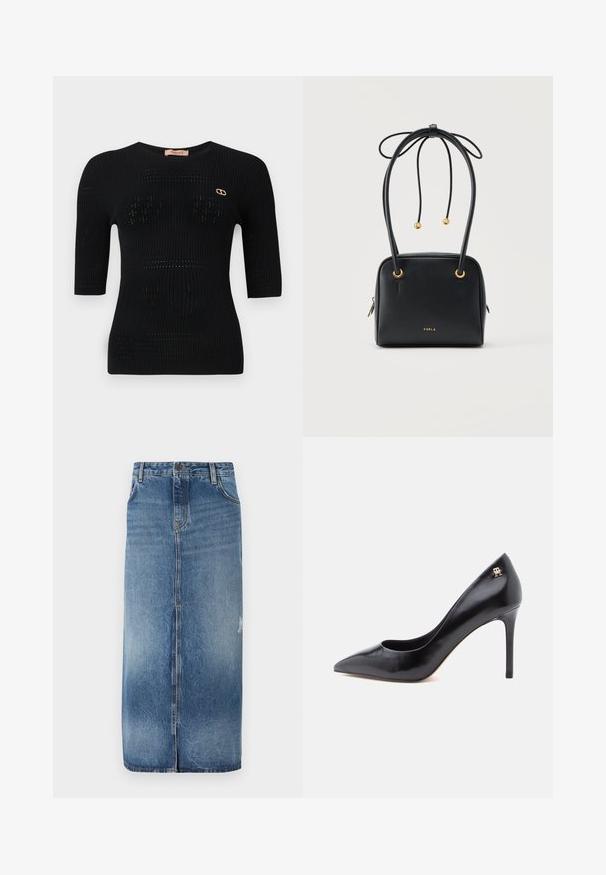 Sort ribbet strikket top med korte ærmer, der har subtile mønstre og en guldfarvet logo detalje nær halsudskæringen.; Denim midi nederdel med en lys til mørkeblå gradient, frontlukning og subtile slidte detaljer nær sømmen. Råkant i bunden.; Sort læderpump med høje hæle og spids tå, der har et udskåret design og en lille gulddetalje med logo på hælen.; Sort læder Furla håndtaske med gyldne øjer, dobbelte håndtag bundet i en sløjfe og lynlås lukning på en ensfarvet baggrund.
