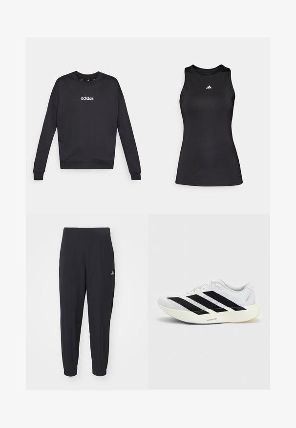 Sweatshirt noir Adidas à manches longues, col rond et logo blanc sur la poitrine. Fabriqué en tissu doux avec des poignets et un ourlet côtelés.; Débardeur de sport noir sans manches en tissu lisse. Il présente un col rond et un petit logo Adidas blanc sur la poitrine.; Pantalons de sport noirs en tissu lisse. Design ajusté avec des poignets élastiques. Présente un petit logo blanc sur la hanche gauche.; Chaussure de running blanche avec motif trois bandes noires sur le côté et semelle blanche épaisse étiquetée "Lightstrike Pro" sur fond uni.