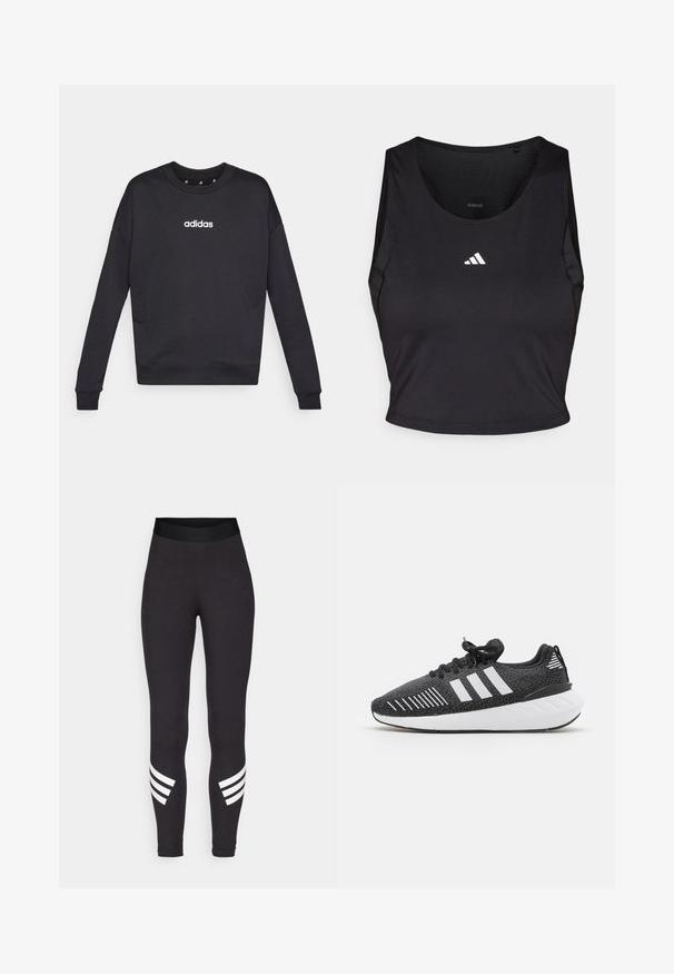Sweatshirt noir Adidas à manches longues, col rond et logo blanc sur la poitrine. Fabriqué en tissu doux avec des poignets et un ourlet côtelés.; Crop top de sport noir en tissu évacuant l'humidité, avec un col rond, sans manches, et logo blanc sur la poitrine.; Leggings noirs en tissu extensible, dotés d'une large taille élastique et de trois rayures blanches horizontales près des bas des jambes.; Chaussures de sport noires avec un dessus texturé, design à trois bandes blanches, semelle en caoutchouc et accents blancs contrastants sur le talon.