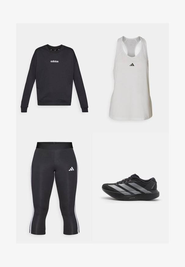 Sweatshirt noir Adidas à manches longues, col rond et logo blanc sur la poitrine. Fabriqué en tissu doux avec des poignets et un ourlet côtelés.; Débardeur de sport blanc en tissu léger avec un dos nageur et un petit logo noir sur la poitrine.; Leggings capri noirs avec une large taille, présentant des rayures blanches sur les côtés et un logo Adidas blanc sur la cuisse gauche. Texture lisse.; Chaussure de course noire avec des rayures argentées, semelle épaisse rembourrée étiquetée "Lightstrike Pro," vue de côté sur fond blanc.