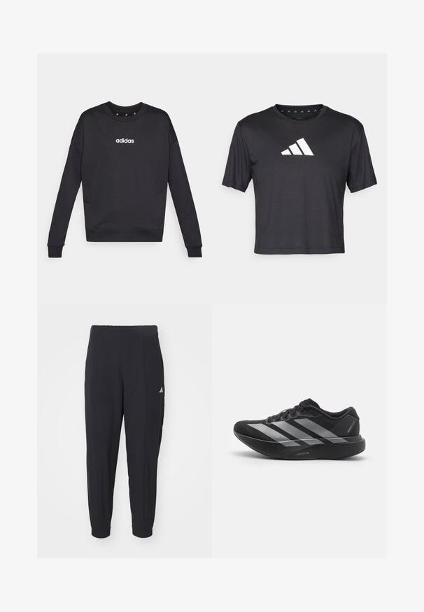 Sweatshirt noir Adidas à manches longues, col rond et logo blanc sur la poitrine. Fabriqué en tissu doux avec des poignets et un ourlet côtelés.; T-shirt noir court en tissu lisse, avec un logo Adidas blanc sur la poitrine, un col rond et des manches courtes.; Pantalons de sport noirs en tissu lisse. Design ajusté avec des poignets élastiques. Présente un petit logo blanc sur la hanche gauche.; Chaussure de course noire avec des rayures argentées, semelle épaisse rembourrée étiquetée "Lightstrike Pro," vue de côté sur fond blanc.