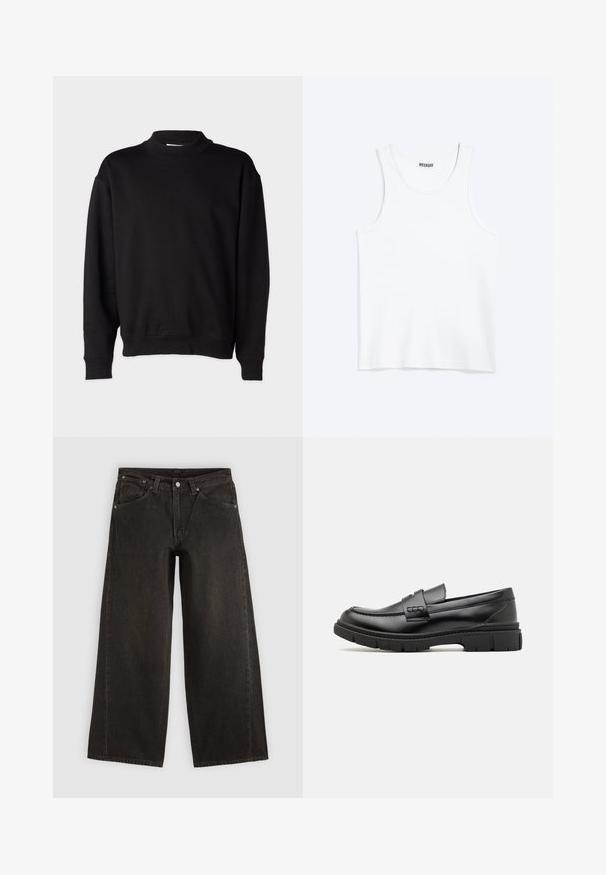 Sort sweatshirt med høj, ribbet krave, lange ærmer og en afslappet pasform. Blød tekstur med ribbede manchetter og kant.; Hvid ærmeløs tanktop med rund halsudskæring og Weekday-mærke på den indvendige baghals, vist fladt på lys baggrund.; Sorte vidbenede denimjeans med forlommer, knaplukning og bæltestropper, vist fladt på en lys baggrund.; Sort læder loafersko med en bred rem over forfoden, gummisål med tykke mønstre og glat overflade. Klassisk, slankt design.