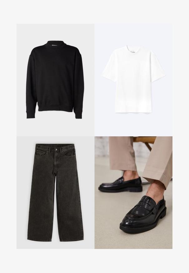 Sort sweatshirt med høj, ribbet krave, lange ærmer og en afslappet pasform. Blød tekstur med ribbede manchetter og kant.; Enkel hvid T-shirt med korte ærmer og rund hals med afslappet pasform, vist på en lys baggrund.; Sorte vidde jeans med frontknap og lynlås, bæltestropper og fem lommer, lagt fladt på en hvid baggrund.; Sorte lædermokkasiner med en glat overflade, der har en dekorativ rem og kontraststing, parret med beige bukser.