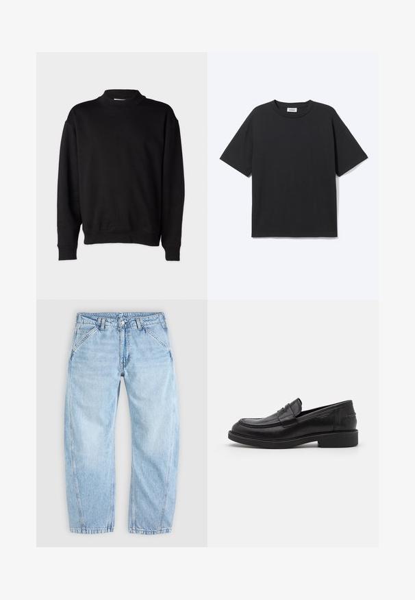 Sweatshirt noir avec un col montant côtelé, des manches longues et une coupe décontractée. Texture douce avec des poignets et un ourlet côtelés.; T-shirt noir à manches courtes avec col rond, coupe décontractée, vue de face, design uni et étiquette de la marque Weekday visible à l’intérieur du col.; Jean en denim bleu clair avec une coupe décontractée, fermeture devant par boutons et zip, poches avant inclinées et passants de ceinture.; Mocassins en cuir noir avec un bout arrondi, des coutures ton sur ton et un détail de sangle à l'avant. Semelle en caoutchouc avec un petit talon.