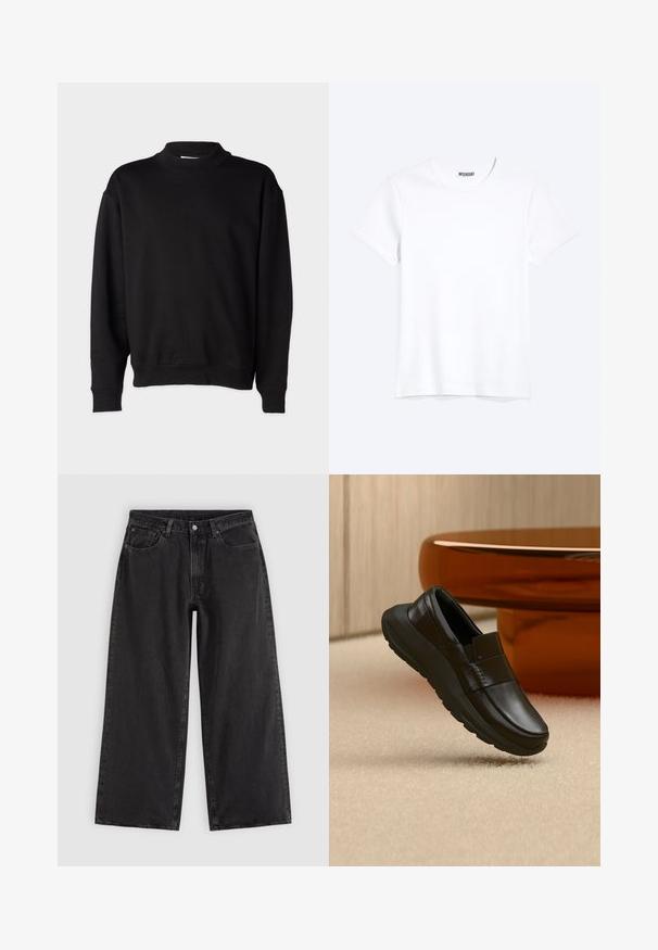 Sort sweatshirt med høj, ribbet krave, lange ærmer og en afslappet pasform. Blød tekstur med ribbede manchetter og kant.; Enkelt hvid T-shirt med korte ærmer og rund hals med synligt WEEKDAY-mærke i kraven, vist på en lys baggrund.; Sorte denim jeans med vide ben, forlommer, bæltestropper og knaplukning, vist på en ensfarvet lys baggrund.; Sort læderloafer med tyk sål, vist over beige tæppe og nær en rund bordfod i ravfarve.