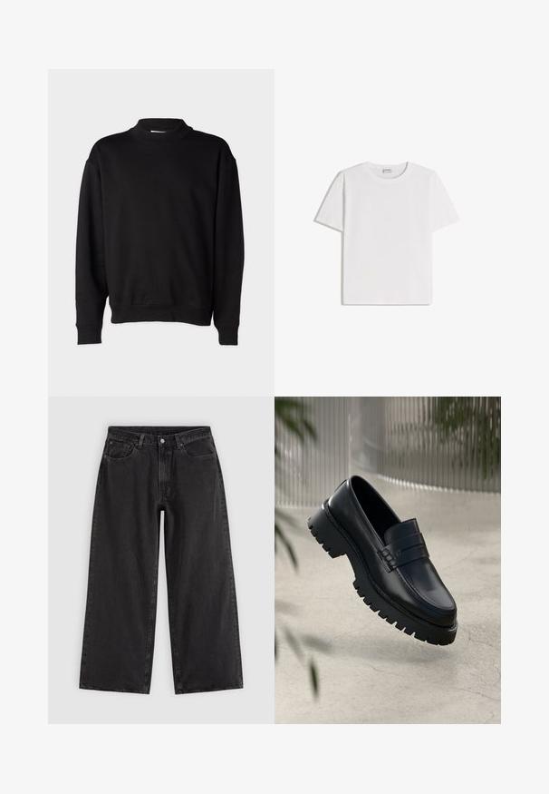 Sort sweatshirt med høj, ribbet krave, lange ærmer og en afslappet pasform. Blød tekstur med ribbede manchetter og kant.; Hvid bomuld T-shirt med rund halsudskæring og korte ærmer. Har en klassisk, firkantet form uden synlige mønstre eller detaljer.; Sorte denim jeans med vide ben, forlommer, bæltestropper og knaplukning, vist på en ensfarvet lys baggrund.; Sorte læder loafers med en chunky sål, der har en dekorativ rem og syninger. Glat tekstur med en poleret overflade.