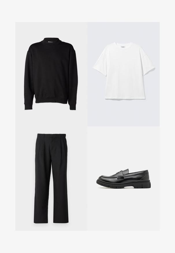 Sort sweatshirt med høj, ribbet krave, lange ærmer og en afslappet pasform. Blød tekstur med ribbede manchetter og kant.; Hvid oversized t-shirt med korte ærmer og rund halsudskæring med sænkede skuldre, fladt lagt på lys grå baggrund.; Jack & Jones Classic Wide Leg Fit - Bukser - black; Sort læder loafersko med en bred rem over forfoden, gummisål med tykke mønstre og glat overflade. Klassisk, slankt design.