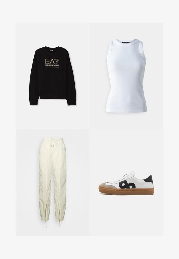 Zwarte sweatshirt met een opvallend gouden metallic logo "EA7 Emporio Armani" op de voorkant, met geribde mouwen en zoom.; Witte mouwloze top van ribstof, met een ronde halslijn en een getailleerde pasvorm. Soepele textuur, geen zichtbare patronen of accenten.; Filippa K LIGHT FUNCTIONAL TROUSERS - Broek - white chalk; Witte leren sneaker met zwart logo, suede accenten en een gumkleurige zool. Voorzien van platte witte veters en een rond toelopend ontwerp.