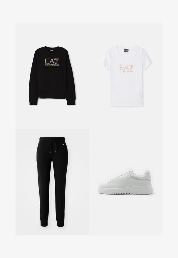 Zwarte sweatshirt met een opvallend gouden metallic logo "EA7 Emporio Armani" op de voorkant, met geribde mouwen en zoom.; Witte katoenen T-shirt met een ronde hals, voorzien van een gouden strass logo "EA7 EMPORIO ARMANI" gecentreerd aan de voorkant.; Zwarte tapered sweatpants met een tailleband met trekkoord en manchetten bij de enkels, weergegeven op een eenvoudige witte achtergrond.; Witte sneakers met een bovenwerk van gemarmerd leer, ronde neus en vetersluiting. Dikke witte rubberen zool met een gemarmerd grippatroon.