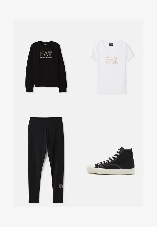 Mustmust, mille kulla metallik logo "EA7 Emporio Armani" esiküljel, ribitud varrukate ja servaga.; Valge puuvillane T-särk ümarate kaelustega, mille esiplaanil on kuldse tooni kivikestest logo "EA7 EMPORIO ARMANI".; EA7 Emporio Armani Retuusid - püksid - black/gold-coloured; Mustad kõrgeaetud tossud mustast kangast valge kummitald ning paelu. Omab kontrastset õmblust ja ümmargust varbakuju.