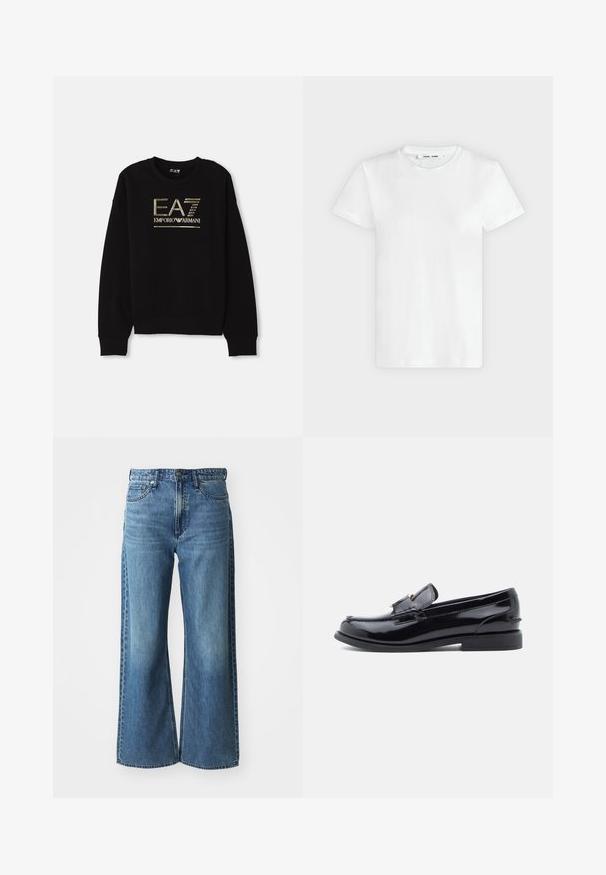 Čierna mikina s výrazným zlatým kovovým logom "EA7 Emporio Armani" na prednej strane, s rebrovanými manžetami a lemom.; Jednoduché biele tričko s krátkym rukávom a okrúhlym výstrihom ležiace na svetlošedom pozadí, zobrazujúce prednú stranu s etikietou vo vnútri výstrihu.; Džínsy s širokými nohavicami z modrého denimového materiálu s polovičným pásom, piatimi vreckami a jemným vyblednutím. Obsahujú pútka na opasok a šité detaily.; Čierna lakovaná kožená mokasína zaokrúhleným špicom, ozdobným prešívaním a nízkym podpätkom. Na hornej časti má malý zlatý detail.