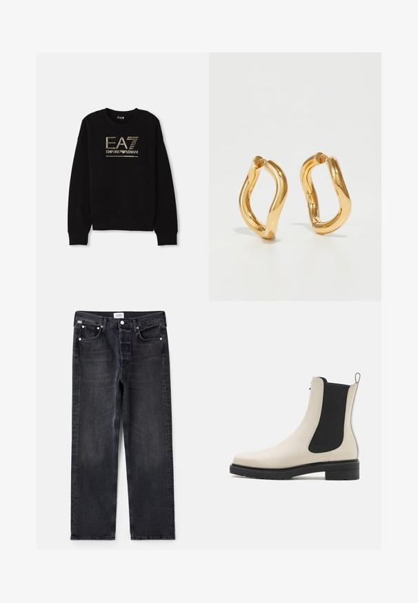 Čierna mikina s výrazným zlatým kovovým logom "EA7 Emporio Armani" na prednej strane, s rebrovanými manžetami a lemom.; Čierne riflové nohavice so striedmym strihom, piatimi vreckami, striebornými prvkami a mierne vyblednutou textúrou. Klasický dizajn s minimálnym detailovaním.; Biele kožené členkové topánky s elastickými čiernymi panelmi, zaoblenou špičkou, textúrovanou podrážkou a ťahacou pútkom na päte. Vyznačujú sa elegantným dizajnom.; Zlaté kruhové náušnice s zakriveným, nepravidelným tvarom a hladkým, lesklým povrchom. Bez viditeľného hardvéru alebo akcentov.