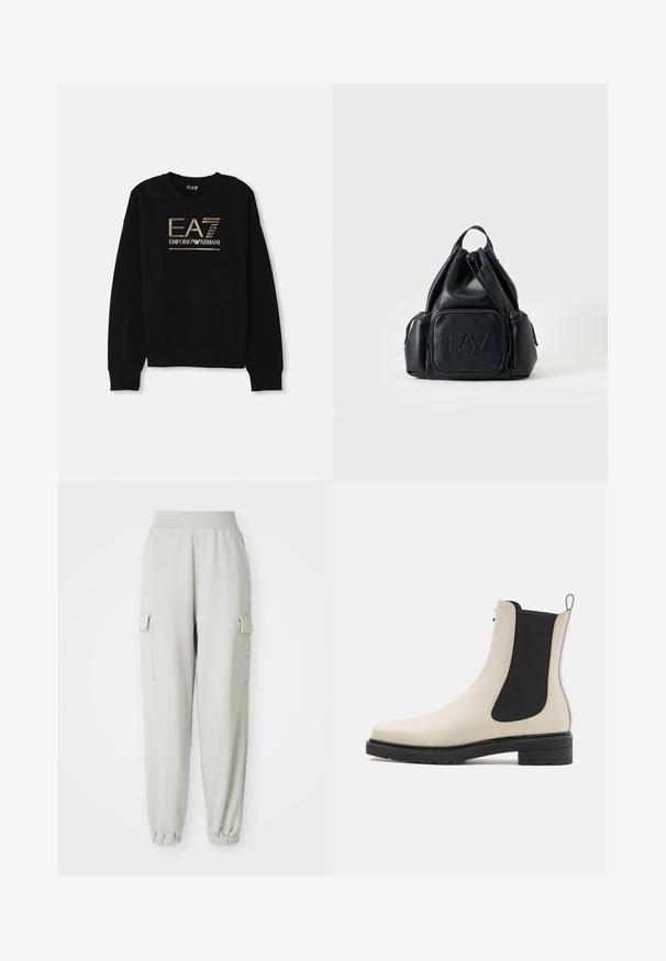 Mustmust, mille kulla metallik logo "EA7 Emporio Armani" esiküljel, ribitud varrukate ja servaga.; Heled hallid cargo-püksid, mis on valmistatud pehmest kangast, sisaldavad kahte külgtaskut, elastset vööd ja kitsenevaid sääreosi pahkluul.; Valge nahkne pahkluu saabas mustade elastsete paneelidega, ümar varvas, tekstuuriga tallad ja tõmbeaaž kanna juures. Omab stiilset disaini.; Mustast nahast paelaga seljakott, esiküljel ja külgedel lukuga taskutega, esiküljel on reljeefne "EA7 Emporio Armani" logo.