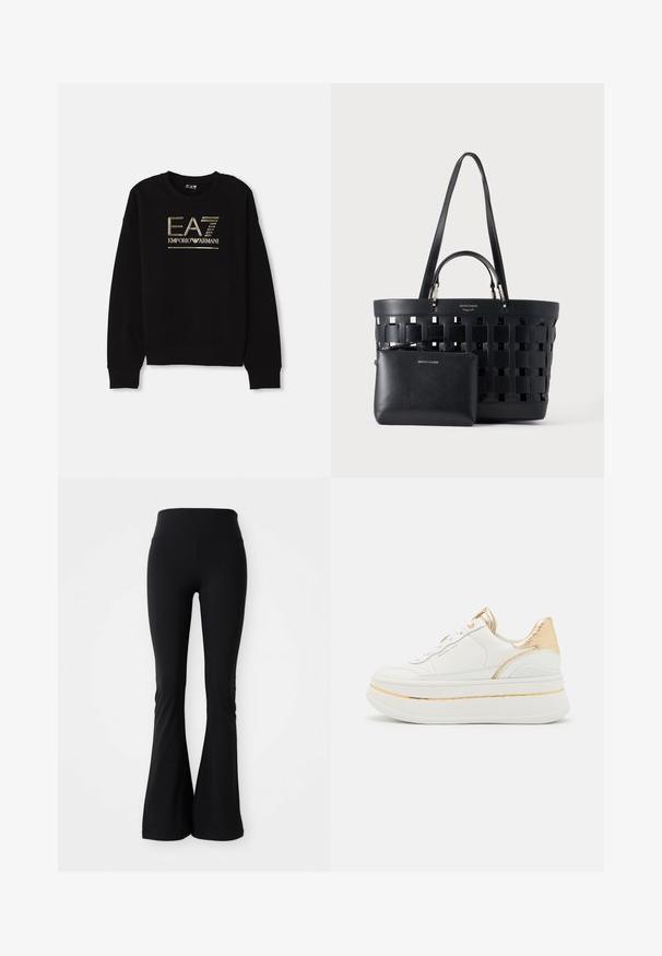 Mustmust, mille kulla metallik logo "EA7 Emporio Armani" esiküljel, ribitud varrukate ja servaga.; Mustad flared retuus, valmistatud venivast materjalist, millel on kõrge vöökoht ja sile tekstuur. Mustri ega konksudeta.; Valgest nahast platvormi tossud kuldsete aktsentidega, tekstureeritud kuldse kontsaga, ümmarguste paeltega ja siledast tallast koos õhukese kuldse triibuga.; Mustast kootud käekott topeltkäepidemete ja väikese sobiva lukuga kotikesega ees, mõlemad nahast.