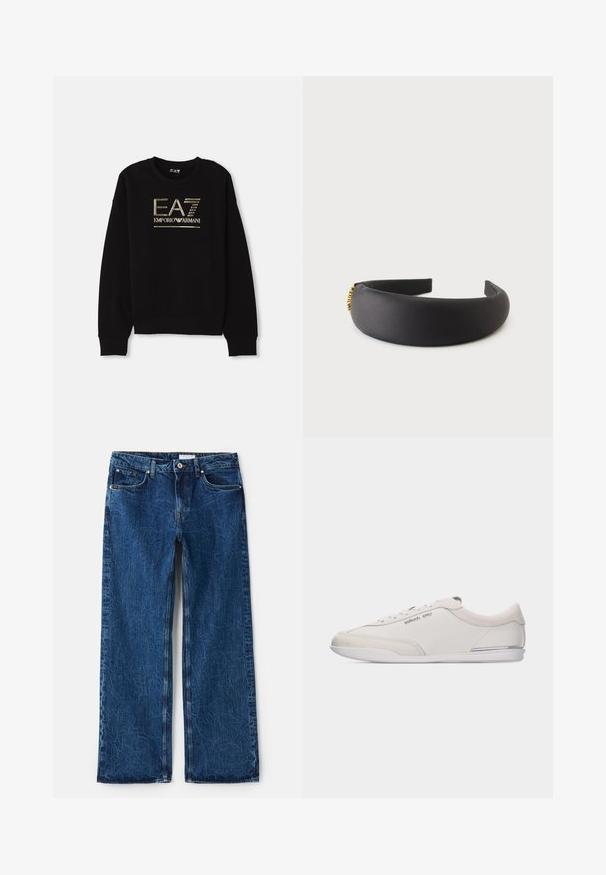 Zwarte sweatshirt met een opvallend gouden metallic logo "EA7 Emporio Armani" op de voorkant, met geribde mouwen en zoom.; Wijde pijpen jeans in donkerblauwe denim met een gestructureerde afwerking, voorzien van vijf zakken, metalen klinknagels en een knoopsluiting.; Lage wit-beige sneaker met veters, gemaakt van glad leer en suède accenten, met een klein Michael Kors-logo aan de zijkant.; Zwart gevoerd hoofdbandje met een gladde stofafwerking en een klein decoratief gouden detail aan één kant.