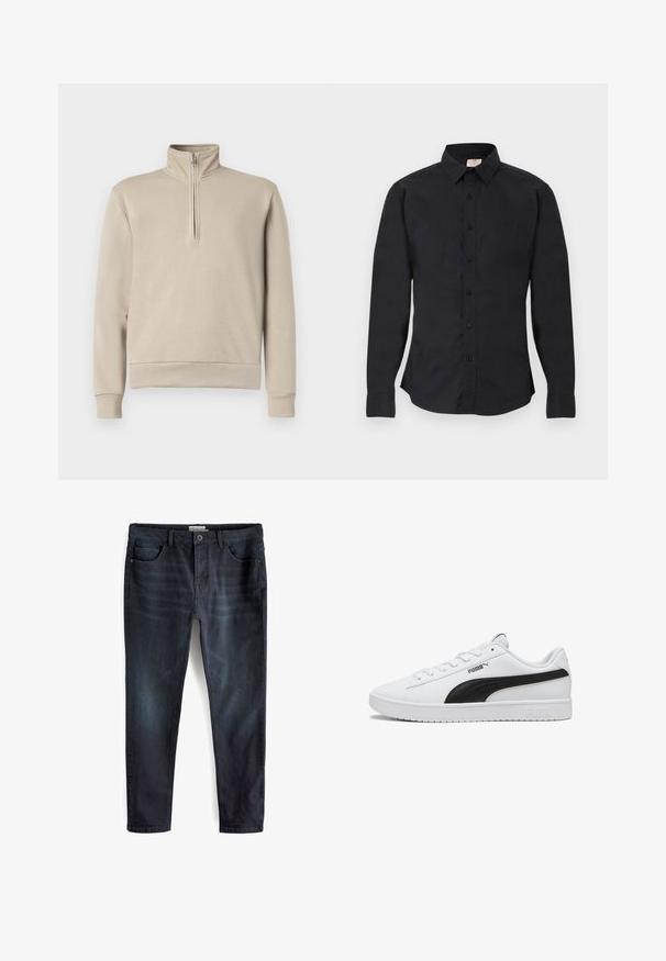 Beige mock neck sweatshirt med halv-zip foran, lange ærmer og ribbede manchetter og kant. Blød stofstruktur, minimalistisk design.; Sort langærmet skjorte med knapper, krave, knappede manchetter og et lille logo på venstre brystside, vist på en flad overflade.; Mørk denim jeans med slim fit, der har fem lommer, subtil fading, lynlås og bæltestropper i taljen. Stoffet har en glat tekstur.; Hvid Puma lav-top sneaker med sort sidestreg, hvide snørebånd og Puma-logo på sål og side, vist i profil.