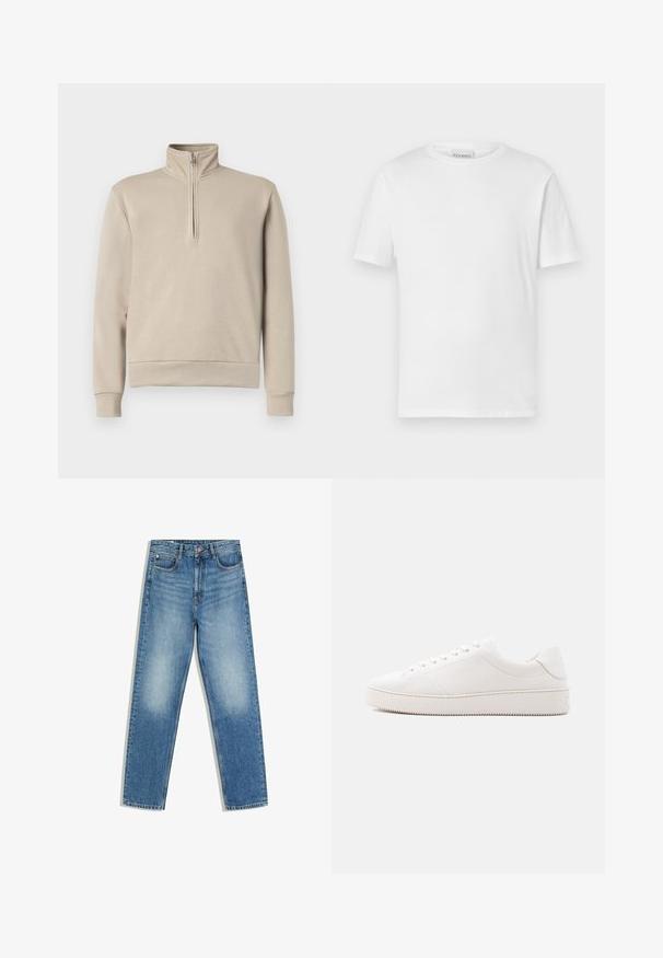Beige mock neck sweatshirt med halv-zip foran, lange ærmer og ribbede manchetter og kant. Blød stofstruktur, minimalistisk design.; Hvid kortærmet t-shirt lavet af bomuld. Har en rund halsudskæring og lige kant. Ingen mønstre eller udsmykninger. Enkel design.; Blå denimjeans med høj talje, forreste knap og lynlås, to forlommer og falmede områder på lår og knæ.; Hvid lædersneaker med en glat overflade, rund tå, seks-huls snørebånd og en struktureret gummisål. Minimalistisk design uden mønstre.