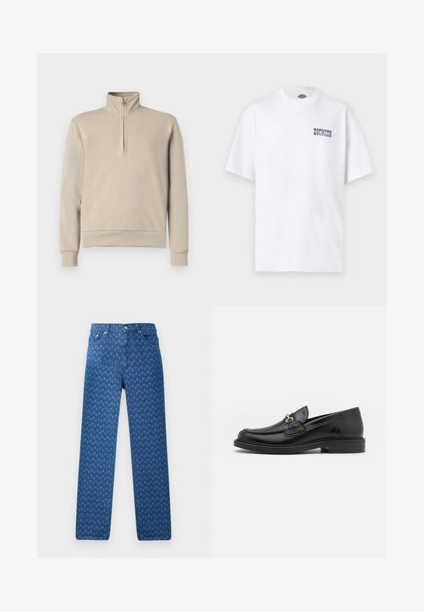 Sweatshirt beige à col montant avec une fermeture éclair mi-zip, manches longues et poignets et ourlet côtelés. Texture de tissu douce, design minimal.; T-shirt blanc à manches courtes et col rond avec un petit logo "Dickies" bleu sur la poitrine gauche.; Jean en denim bleu présentant un motif texturé répétitif, un design à cinq poches et une fermeture à bouton à la taille. Coupe droite.; Mocassins en cuir noir avec un embout rond, présentant des accents en métal doré et des détails de couture, montés sur une semelle en caoutchouc texturé et basse.