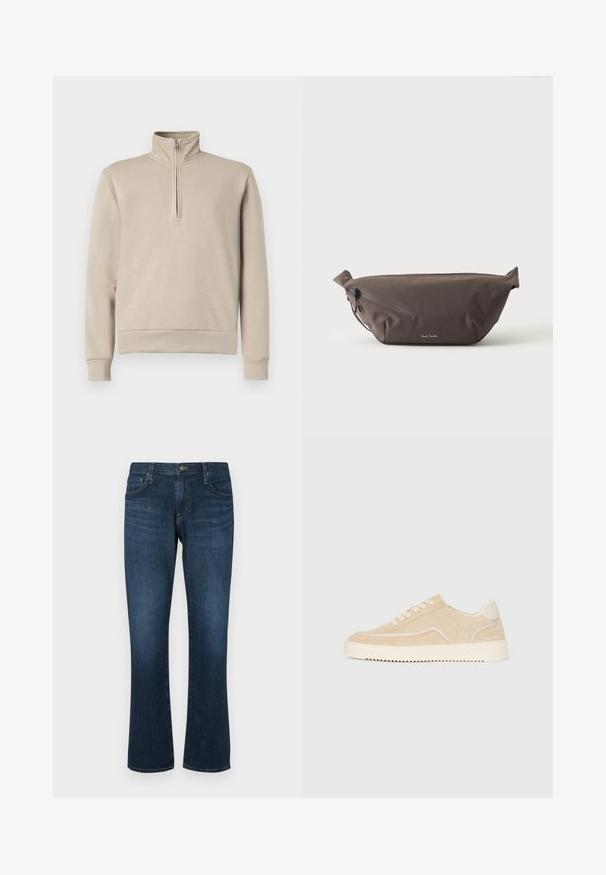 Beige mock neck sweatshirt med halv-zip foran, lange ærmer og ribbede manchetter og kant. Blød stofstruktur, minimalistisk design.; Mørkeblå denimjeans med lige ben-design, fem lommer og metalknap-lukning. Glat tekstur med subtil falming.; Beige ruskinds sneakers med hvid sål og snørebånd, lavtop design og zigzag mønster på sålen.; Mørkebrun stof talje taske med diagonalt lynlåslomme og lille hvidt logo på fronten, sat mod en ensfarvet lys baggrund.