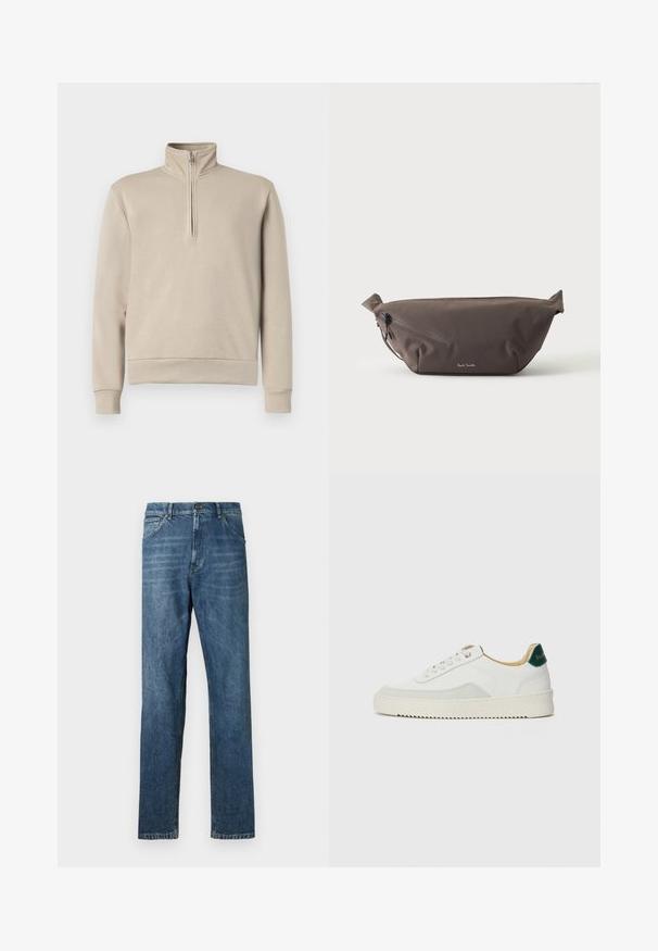 Sweatshirt beige à col montant avec une fermeture éclair mi-zip, manches longues et poignets et ourlet côtelés. Texture de tissu douce, design minimal.; Jeans en denim bleu foncé, design à jambe droite, style à cinq poches, couture visible et fermeture à bouton classique. Effet de délavage léger sur le tissu.; Baskets blanches avec des accents en daim, bout arrondi, lacets plats et semelle en caoutchouc crème. Présente une marque verte sur le talon.; Sac banane en tissu marron foncé avec poche zippée en diagonale et petit logo blanc sur le devant, sur un fond clair uni.