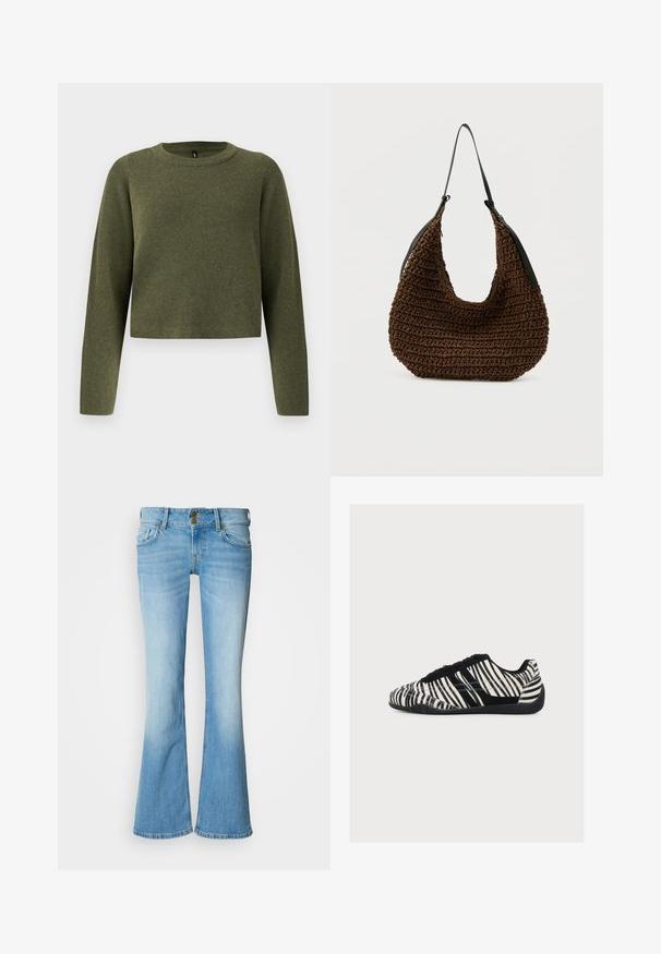 Pull vert court avec des manches longues, en tissu tricoté texturé. Présente un col rond et un design minimaliste.; Jean en denim clair à coupe évasée avec taille haute, doté d'une fermeture classique à boutons, de cinq poches et d'un effet délavé pour un dégradé.; Basket basse avec rayures zèbre noires et blanches, lacets noirs et semelle noire texturée, vue de profil sur fond blanc.; Sac à main tressé marron avec une forme douce et arrondie et une seule sangle d'épaule noire mince sur un fond uni.