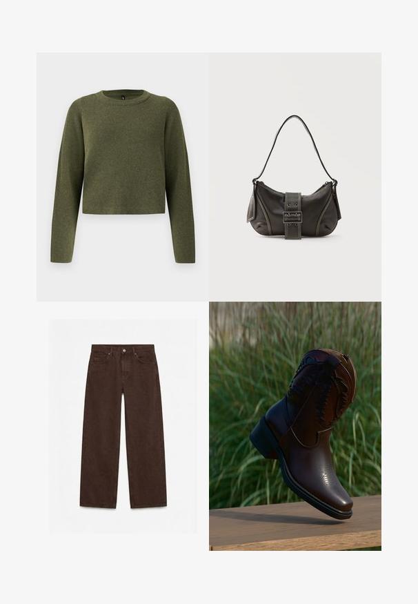 Pull vert court avec des manches longues, en tissu tricoté texturé. Présente un col rond et un design minimaliste.; Pantalon droit taille haute marron foncé avec bouton à l'avant, fermeture éclair, passants de ceinture et design cinq poches.; Botte de cow-boy en cuir marron foncé avec couture décorative, placée en angle sur une surface en bois avec un fond d'herbe haute.; Sac à épaule en cuir noir avec une sangle à boucle, des bords arrondis et des coutures blanches contrastées sur un fond uni.