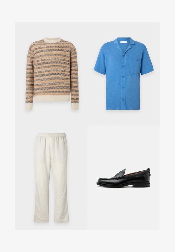 Pull en tricot beige, marron et crème avec un motif à rayures en zigzag. Présente un col rond et des poignets et un ourlet côtelés.; Chemise à manches courtes boutonnée en bleu, fabriquée en tissu texturé. Comprend un col cranté et une poche poitrine.; Pantalons en lin léger beige avec taille élastique, coupe droite, et sans poches ni fermetures visibles.; Mocassin homme en cuir noir avec couture moc toe, bride penny, col texturé et petit talon empilé sur fond blanc.