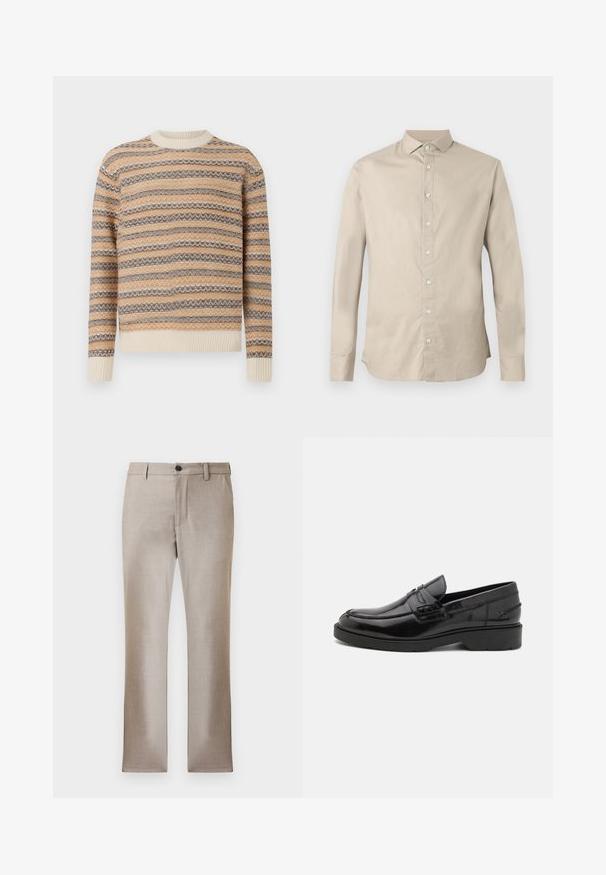 Pull en tricot beige, marron et crème avec un motif à rayures en zigzag. Présente un col rond et des poignets et un ourlet côtelés.; Chemise beige à manches longues en coton, coupe droite, col à boutons et fermeture boutonnée à l'avant. Texture lisse sans motifs.; Pantalons beige ajustés en tissu léger et lisse, avec zip et fermeture à bouton. Dispose de deux poches latérales et d'une coupe slim droite.; Mocassins en cuir noir avec une finition lisse, un bout rond, un petit talon et descoutures décoratives à l'avant. Semelle en caoutchouc pour l'adhérence.