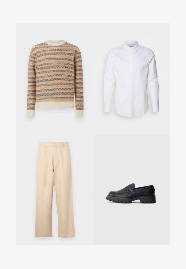 Pull en tricot beige, marron et crème avec un motif à rayures en zigzag. Présente un col rond et des poignets et un ourlet côtelés.; Chemise blanche à manches longues en coton, dotée d'un col structuré, d'une broderie de logo discrète et de boutons beige clair.; Pantalons beige à jambes larges en denim avec une finition texturée, dotés d'une fermeture à boutons à l'avant et d'un design classique à cinq poches.; Mocassins en cuir noir avec un bout arrondi, présentant une sangle décorative et une semelle en caoutchouc épaisse avec de profonds crampons pour une meilleure adhérence.