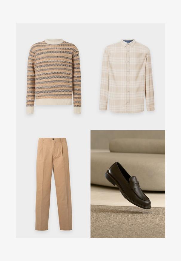 Gestrickter Pullover in Beige, Braun und Creme mit Zickzackstreifenmuster. Verfügt über einen Rundhalsausschnitt sowie gerippte Bündchen und Saum.; Beige Karo-Hemd mit langen Ärmeln, einer Button-Down-Kragen, Vorderknöpfen und subtilen blauen Akzenten am Halsauschnitt. Hergestellt aus weichem Stoff.; Khakihosen mit geradem Bein, aus Baumwollstoff; verfügen über einen einzigen Knopfverschluss und zwei Vorderfalten.; Ein einzelner dunkelbrauner Lederloafer schwebt über einem beigen, strukturierten Teppich, mit einem unscharfen beigen Sofa im Hintergrund.