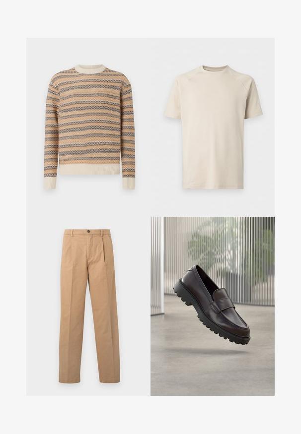 Gestrickter Pullover in Beige, Braun und Creme mit Zickzackstreifenmuster. Verfügt über einen Rundhalsausschnitt sowie gerippte Bündchen und Saum.; Beiges Kurzarm-T-Shirt mit Rundhalsausschnitt und Raglanärmeln, schlicht und aus glattem Stoff gefertigt.; Khakihosen mit geradem Bein, aus Baumwollstoff; verfügen über einen einzigen Knopfverschluss und zwei Vorderfalten.; Brauner Leder-Schlupfschuh mit abgerundetem Zehenbereich und einer robusten schwarzen Gummisohle. Verfügt über einen dekorativen Riemen über dem Spann.