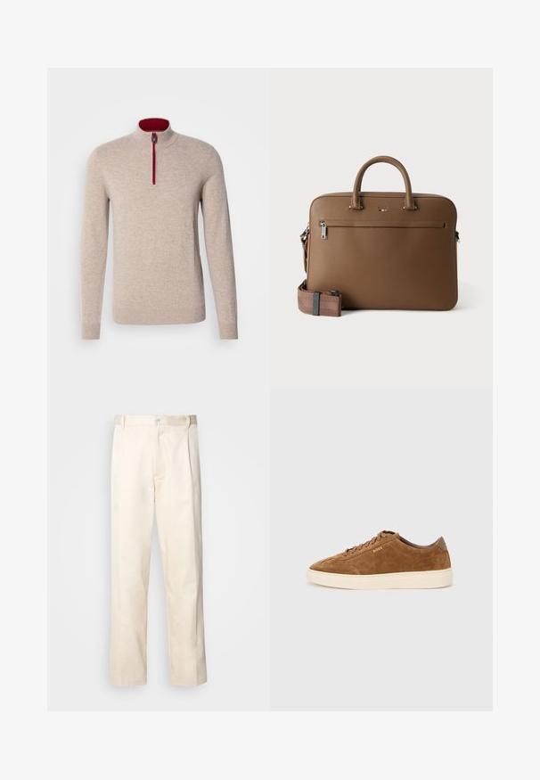 Pull marin beige avec un col haut et une courte fermeture éclair. Présente des accents rouges le long de la fermeture éclair et une texture lisse et douce.; Pantalon en coton beige avec une coupe droite, présentant une fermeture à bouton et des plis sur le devant pour plus de détails.; Baskets en daim marron avec bout rond, semelle en caoutchouc crème et lacets ton sur ton. Présentent un logo en relief sur le côté et un panneau arrière lisse.; Mallette en cuir marron avec poignées supérieures, poche avant zippée et bandoulière assortie amovible sur fond blanc.