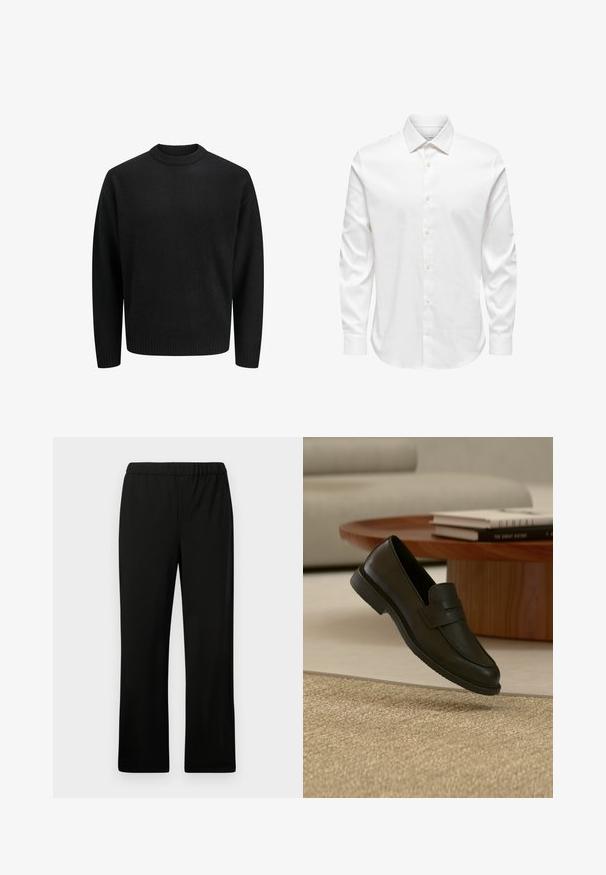 Pull en maille noir avec un col rond, doté de poignets et d'un ourlet à bords côtes. Texture douce, coupe classique, sans motifs ni accents visibles.; Chemise blanche pour homme à manches longues avec col pointu et rangée avant de boutons blancs sur fond uni.; Pantalon noir à taille élastique avec une coupe droite. Réalisé en tissu lisse, sans motifs ni embellissements visibles.; Chaussure mocassin en cuir noir présentée en suspension au-dessus d'un tapis beige tissé, avec une table en bois et des livres empilés dans un salon doucement éclairé.