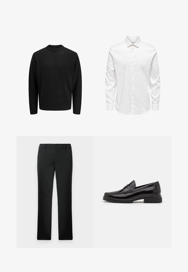 Pull en maille noir avec un col rond, doté de poignets et d'un ourlet à bords côtes. Texture douce, coupe classique, sans motifs ni accents visibles.; Chemise blanche pour homme à manches longues avec col pointu et rangée avant de boutons blancs sur fond uni.; Pantalon noir droit sur mesure avec passants de ceinture, bouton devant et fermeture éclair, présenté à plat sur fond blanc.; Mocassins en cuir noir avec un embout arrondi, présentant un détail cousu sur le dessus, et un petit talon carré. Texture lisse et finition brillante.