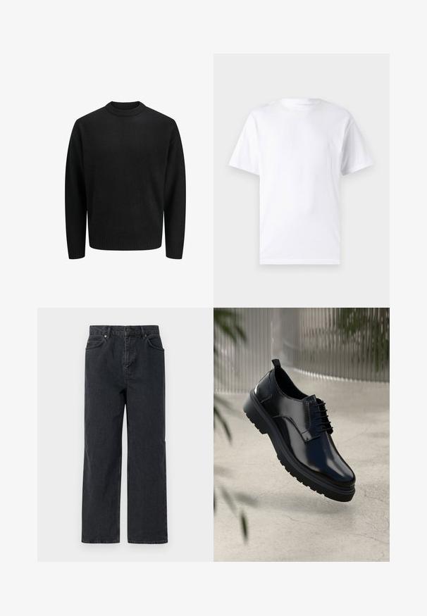 Pull en maille noir avec un col rond, doté de poignets et d'un ourlet à bords côtes. Texture douce, coupe classique, sans motifs ni accents visibles.; T-shirt blanc à manches courtes en coton avec un col rond, présentant une texture lisse et un design simple, sans motifs ni accents.; Pantalons en denim bleu foncé à jambe large, avec un design à cinq poches et une fermeture à bouton. Comprend des accessoires en ton cuivre et une texture subtile.; Chaussure en cuir noir avec une finition brillante, bout rond, design à lacets, surpiqûres contrastantes, et semelle épaisse en caoutchouc avec motifs de relief.