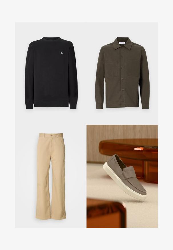 Schwarzer Langarm-Crewneck-Sweatshirt mit kleinem weißen runden Logo auf der linken Brust, gerippten Bündchen und Saum.; Dunkelgrünes, langärmeliges Hemd aus glattem Stoff, mit einem spitzen Kragen, Frontknöpfen und zwei Brusttaschen.; Beige, weit geschnittene Hosen aus einer Baumwollmischung. Mit einem Knopfverschluss und Gürtelschlaufen. Glatte Textur mit minimalen Nähten.; Grauer Slip-On-Schuh aus Wildleder mit weißer Sohle, der über einem beigen Teppich schwebt, im Hintergrund durchscheinende orangefarbene Möbel.