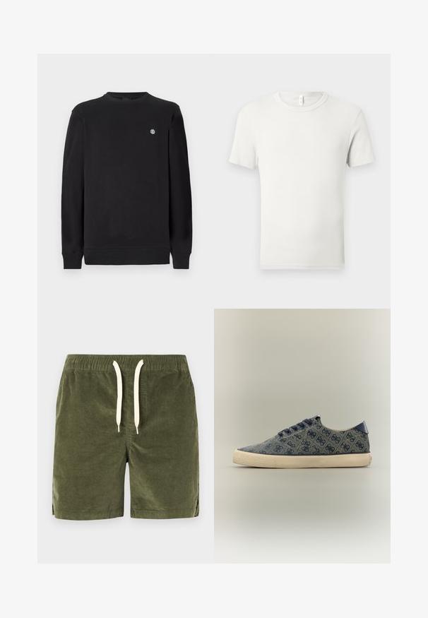 Sort langærmet sweatshirts med rund hals og lille hvidt cirkulært logo på venstre bryst, ribbede manchetter og kant.; Hvid kortærmet T-shirt med rund hals lagt fladt på en lysgrå baggrund med en lille stofmærkat ved kraven.; Olivengrønne corduroyshorts med elastisk talje og hvid snøre, med sideslidser ved kanten.; Lavtop sneaker i marineblå med sammenflettede mørke logoer, marineblå snørebånd og beige gummisål med tekstureret tåhætte.