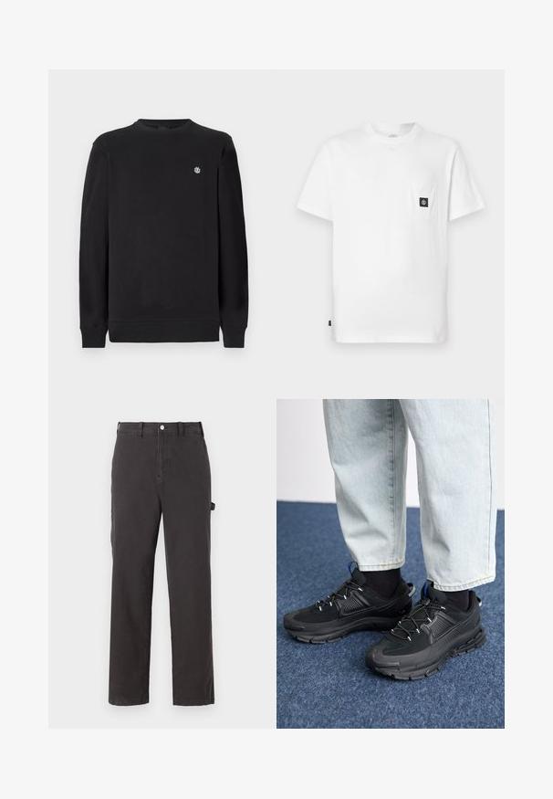 Sort langærmet sweatshirts med rund hals og lille hvidt cirkulært logo på venstre bryst, ribbede manchetter og kant.; Hvid bomulds T-shirt med rund halsudskæring, korte ærmer og en brystlomme med en sort logopatch. Glat tekstur, løs pasform.; Mørkegrå bomuldsbukser med et lige ben-design, der har en frontknaplukning og sidelommer, lavet af holdbart stof.; Sorte træningssko med tekstureret stof og gummisåler, udstyret med elastiske snørebånd og en blå detalje på hælen. Bæres med lyse denimbukser.
