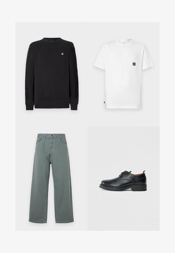 Zwarte longsleeve sweatshirt met ronde hals en lange mouwen, voorzien van een klein wit rond logo op de linkerborst, ribgebreide boorden en onderrand.; Witte katoenen T-shirt met een ronde hals, korte mouwen en een borstzakje met een zwarte logo-patch. Gladde textuur, losse pasvorm.; Brede pijpen in gedempt groen katoen, met een klassieke tailleband, riemlussen, zijzakken en contrasterende stikdetails.; Zwarte leren derby schoenen met een gladde textuur, ronde neus, vetersluiting en een dikke, robuuste rubberen zool.